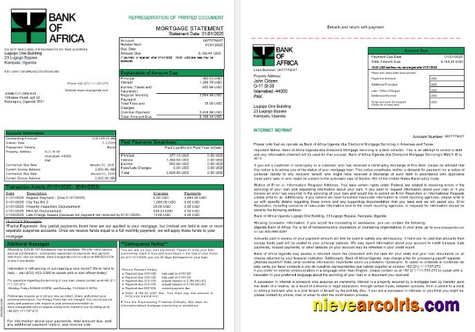 Uganda Bank of Africa mortgage statement, 3 pages 1-2